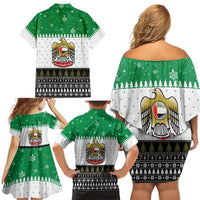 United Arab Emirates Christmas Family Matching Off Shoulder Short Dress and Hawaiian Shirt with Falcon Tree Design Snowflake Pattern and National Emblem - Wonder Print Shop