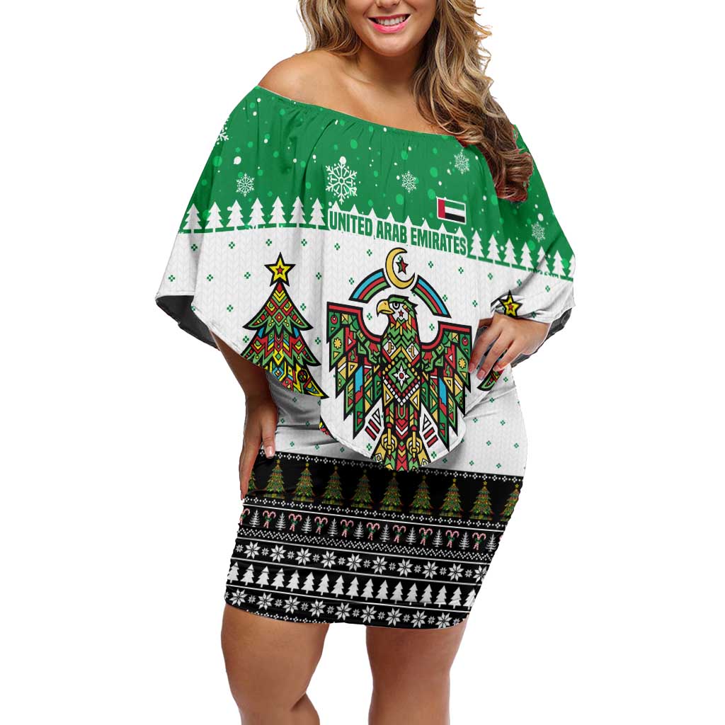 United Arab Emirates Christmas Family Matching Off Shoulder Short Dress and Hawaiian Shirt with Falcon Tree Design Snowflake Pattern and National Emblem - Wonder Print Shop