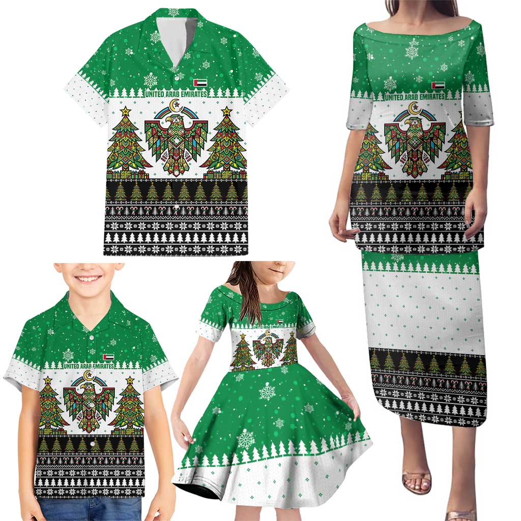 United Arab Emirates Christmas Family Matching Puletasi and Hawaiian Shirt with Falcon Tree Design Snowflake Pattern and National Emblem - Wonder Print Shop