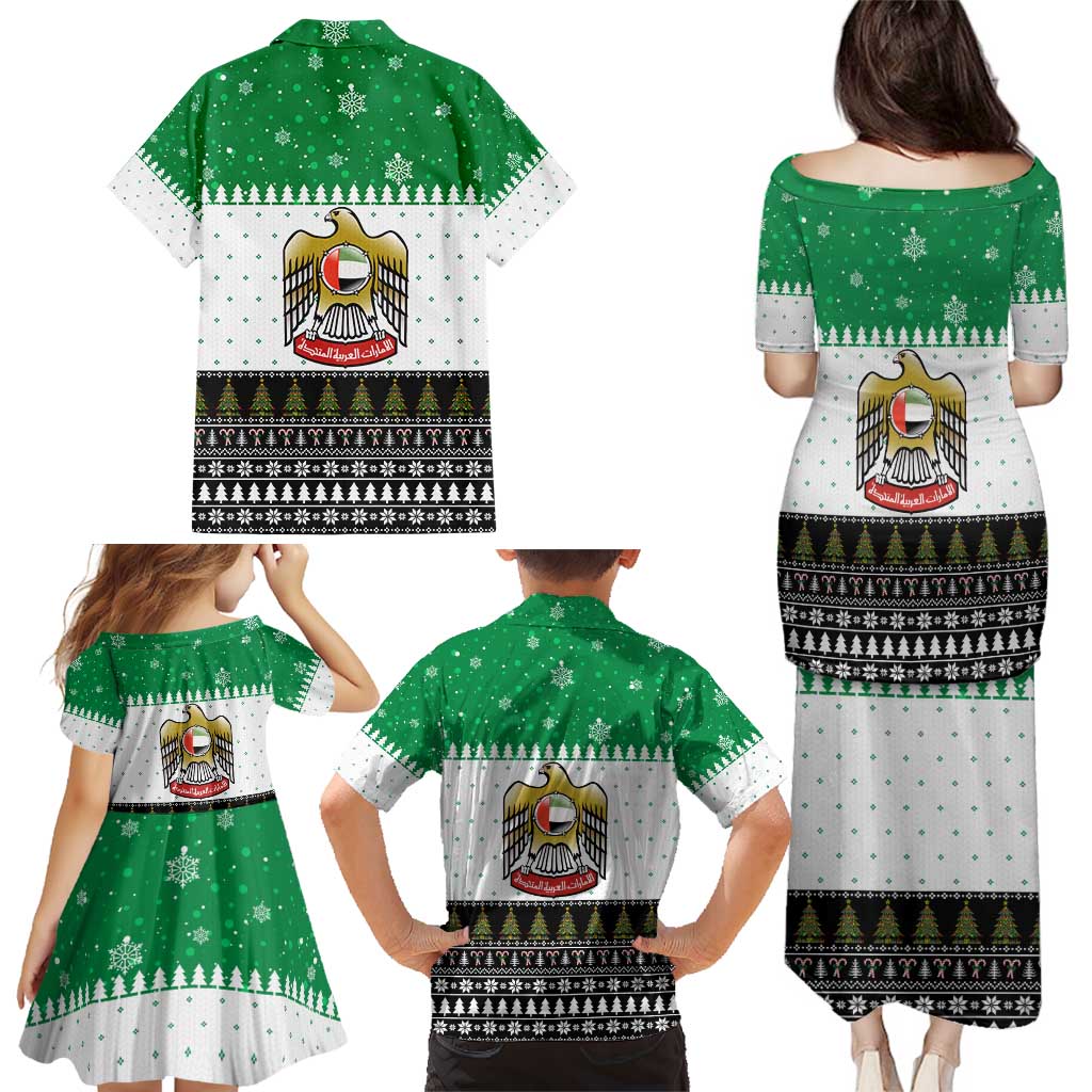 United Arab Emirates Christmas Family Matching Puletasi and Hawaiian Shirt with Falcon Tree Design Snowflake Pattern and National Emblem - Wonder Print Shop