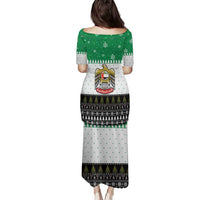 United Arab Emirates Christmas Family Matching Puletasi and Hawaiian Shirt with Falcon Tree Design Snowflake Pattern and National Emblem - Wonder Print Shop