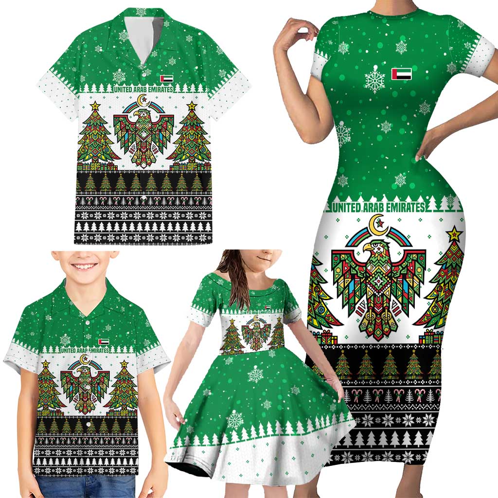 United Arab Emirates Christmas Family Matching Short Sleeve Bodycon Dress and Hawaiian Shirt with Falcon Tree Design Snowflake Pattern and National Emblem - Wonder Print Shop