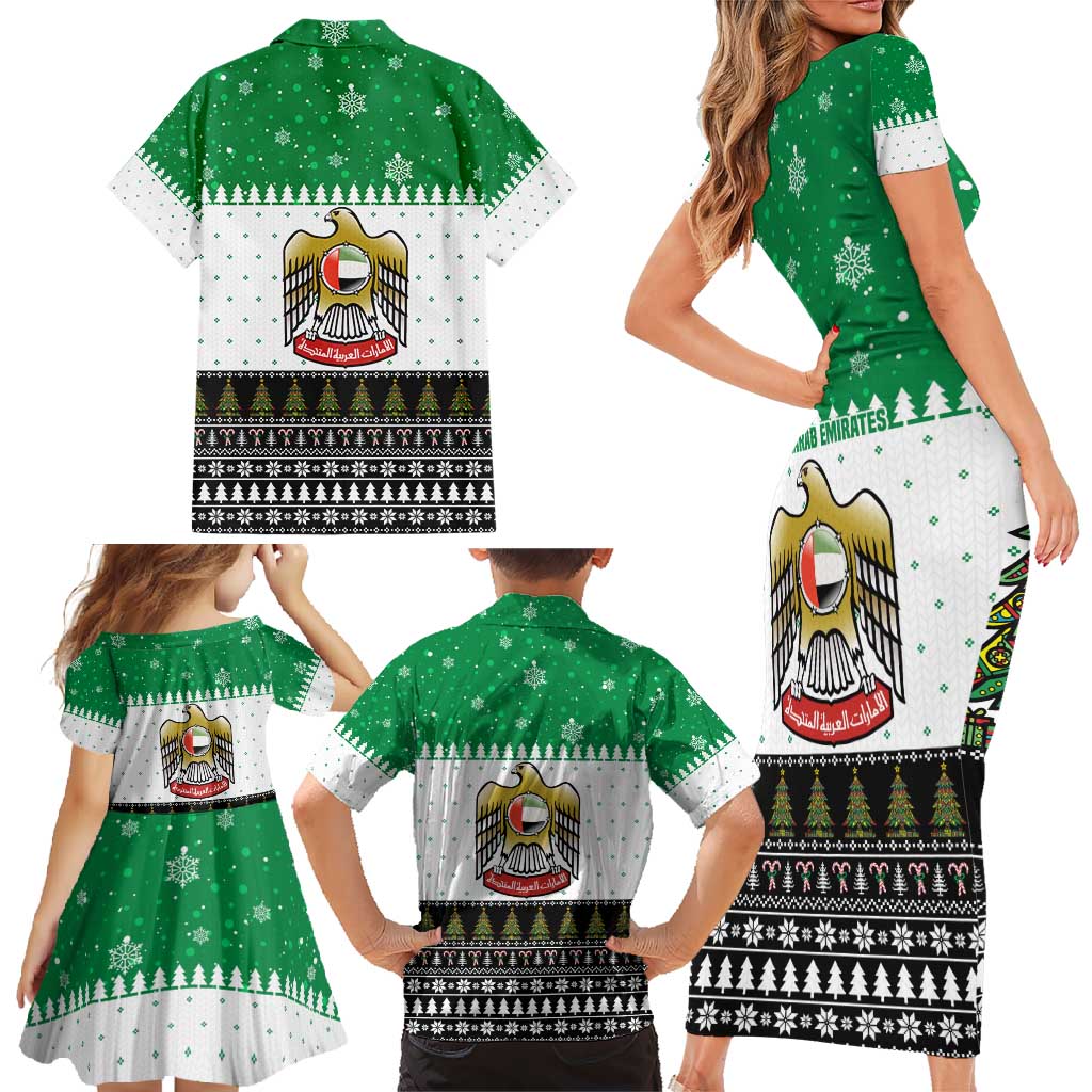 United Arab Emirates Christmas Family Matching Short Sleeve Bodycon Dress and Hawaiian Shirt with Falcon Tree Design Snowflake Pattern and National Emblem - Wonder Print Shop