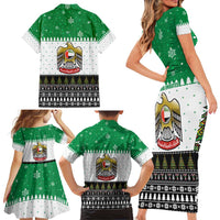 United Arab Emirates Christmas Family Matching Short Sleeve Bodycon Dress and Hawaiian Shirt with Falcon Tree Design Snowflake Pattern and National Emblem - Wonder Print Shop