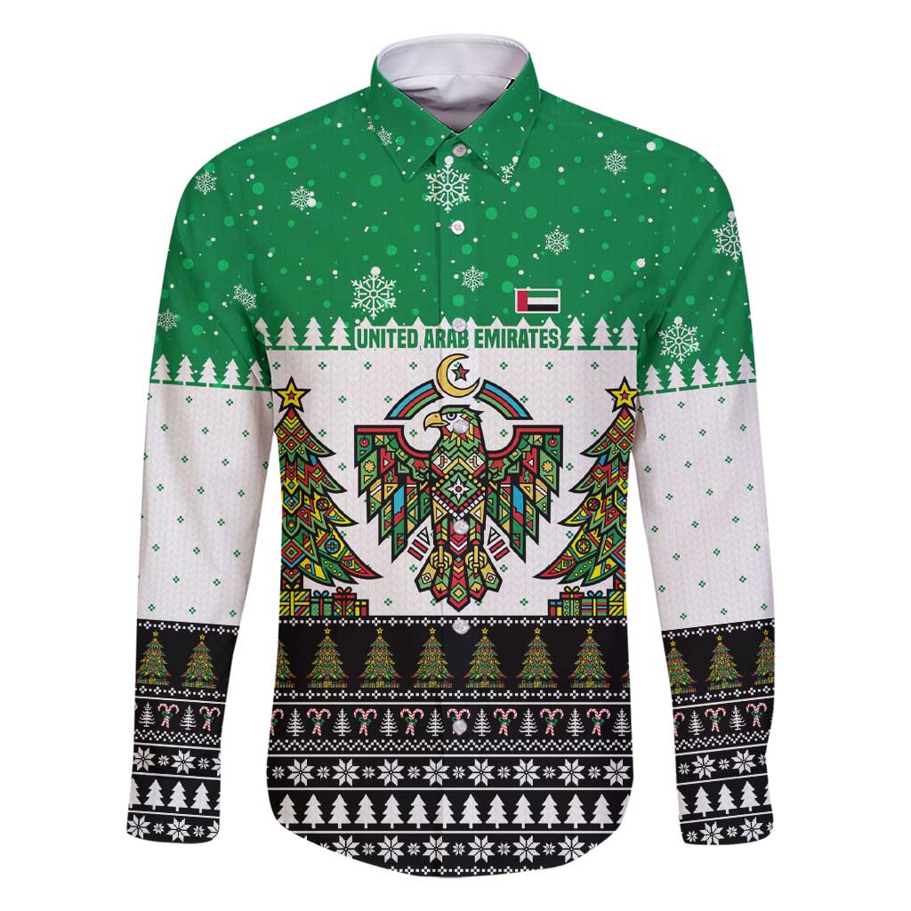 United Arab Emirates Christmas Family Matching Short Sleeve Bodycon Dress and Hawaiian Shirt with Falcon Tree Design Snowflake Pattern and National Emblem - Wonder Print Shop