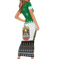 United Arab Emirates Christmas Family Matching Short Sleeve Bodycon Dress and Hawaiian Shirt with Falcon Tree Design Snowflake Pattern and National Emblem - Wonder Print Shop