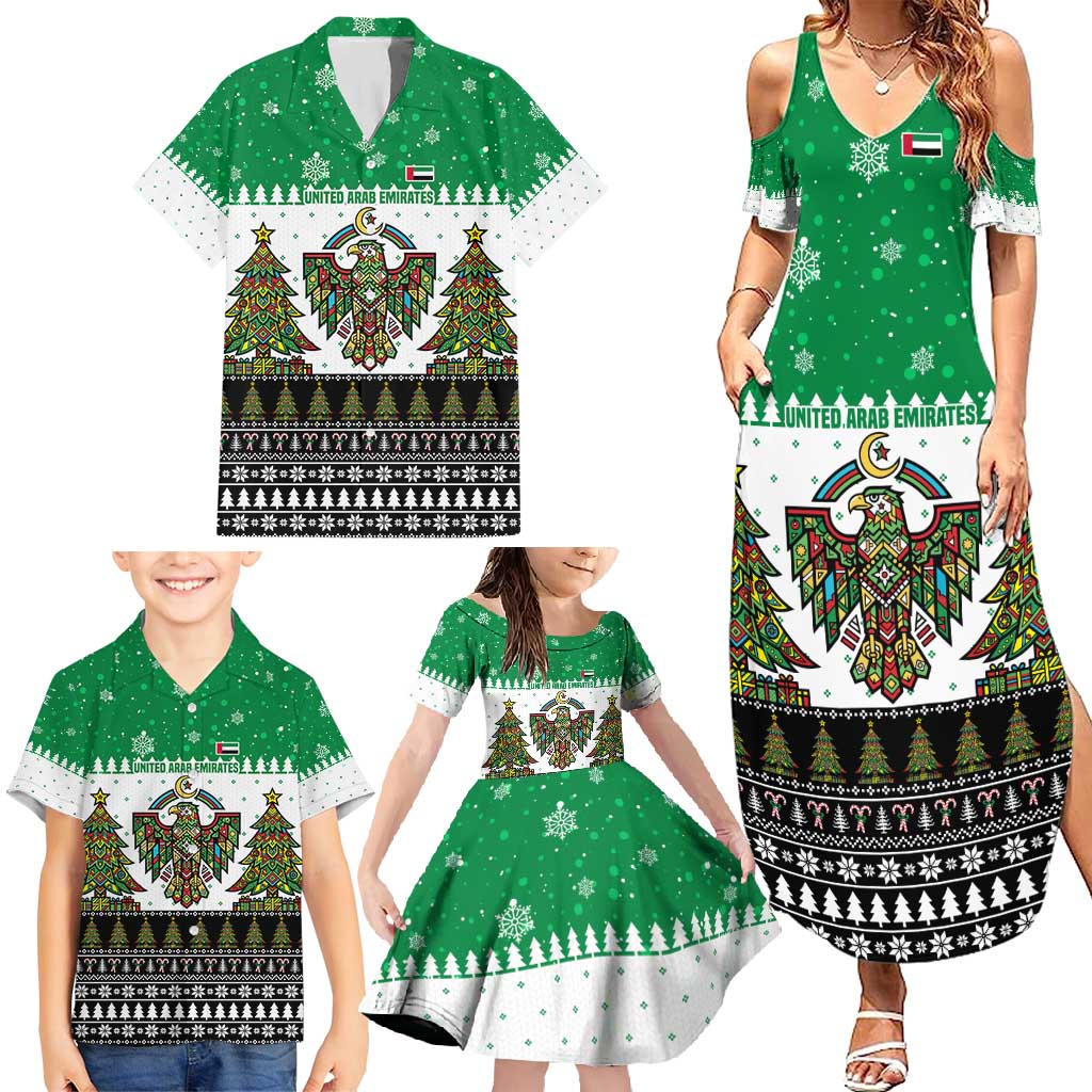United Arab Emirates Christmas Family Matching Summer Maxi Dress and Hawaiian Shirt with Falcon Tree Design Snowflake Pattern and National Emblem - Wonder Print Shop