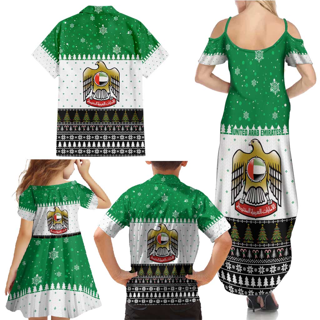 United Arab Emirates Christmas Family Matching Summer Maxi Dress and Hawaiian Shirt with Falcon Tree Design Snowflake Pattern and National Emblem - Wonder Print Shop