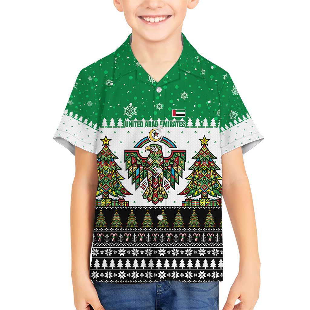 United Arab Emirates Christmas Family Matching Summer Maxi Dress and Hawaiian Shirt with Falcon Tree Design Snowflake Pattern and National Emblem - Wonder Print Shop