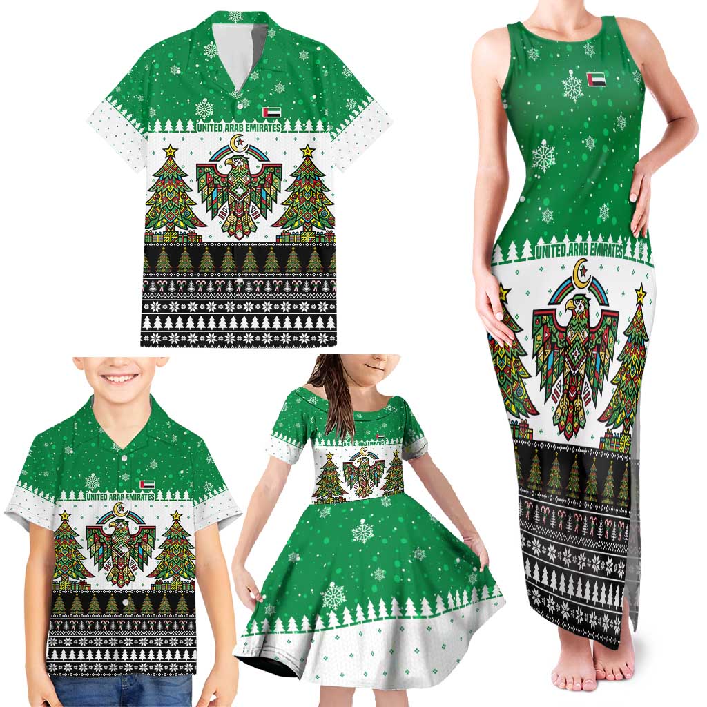 United Arab Emirates Christmas Family Matching Tank Maxi Dress and Hawaiian Shirt with Falcon Tree Design Snowflake Pattern and National Emblem - Wonder Print Shop