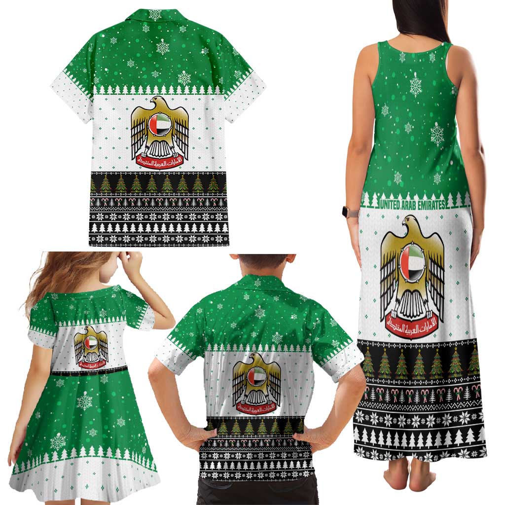 United Arab Emirates Christmas Family Matching Tank Maxi Dress and Hawaiian Shirt with Falcon Tree Design Snowflake Pattern and National Emblem - Wonder Print Shop