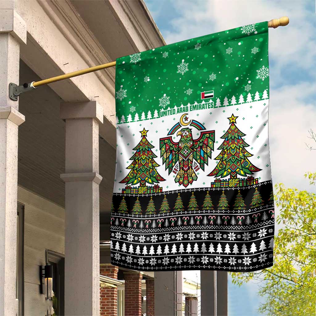 United Arab Emirates Christmas Garden Flag with Falcon Tree Design Snowflake Pattern and National Emblem - Wonder Print Shop