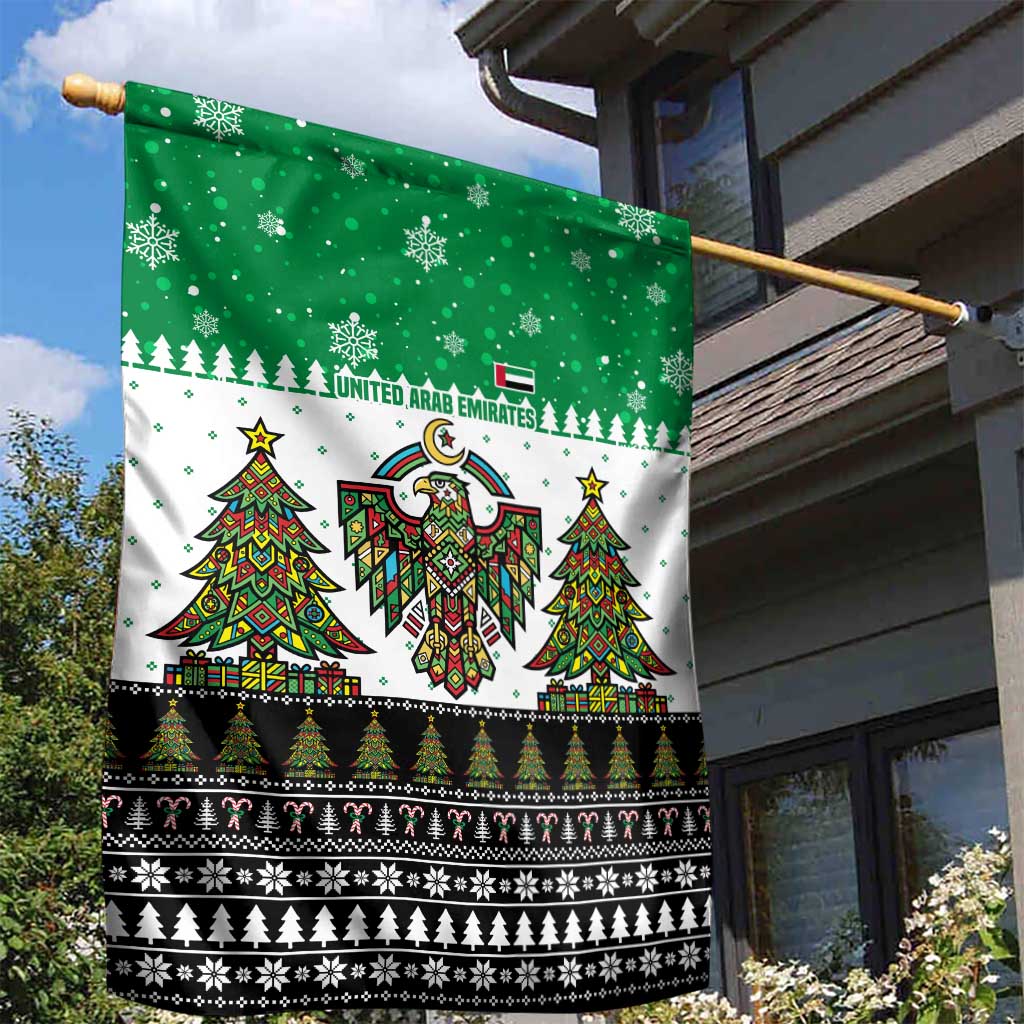 United Arab Emirates Christmas Garden Flag with Falcon Tree Design Snowflake Pattern and National Emblem - Wonder Print Shop