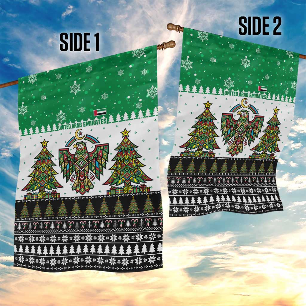United Arab Emirates Christmas Garden Flag with Falcon Tree Design Snowflake Pattern and National Emblem - Wonder Print Shop