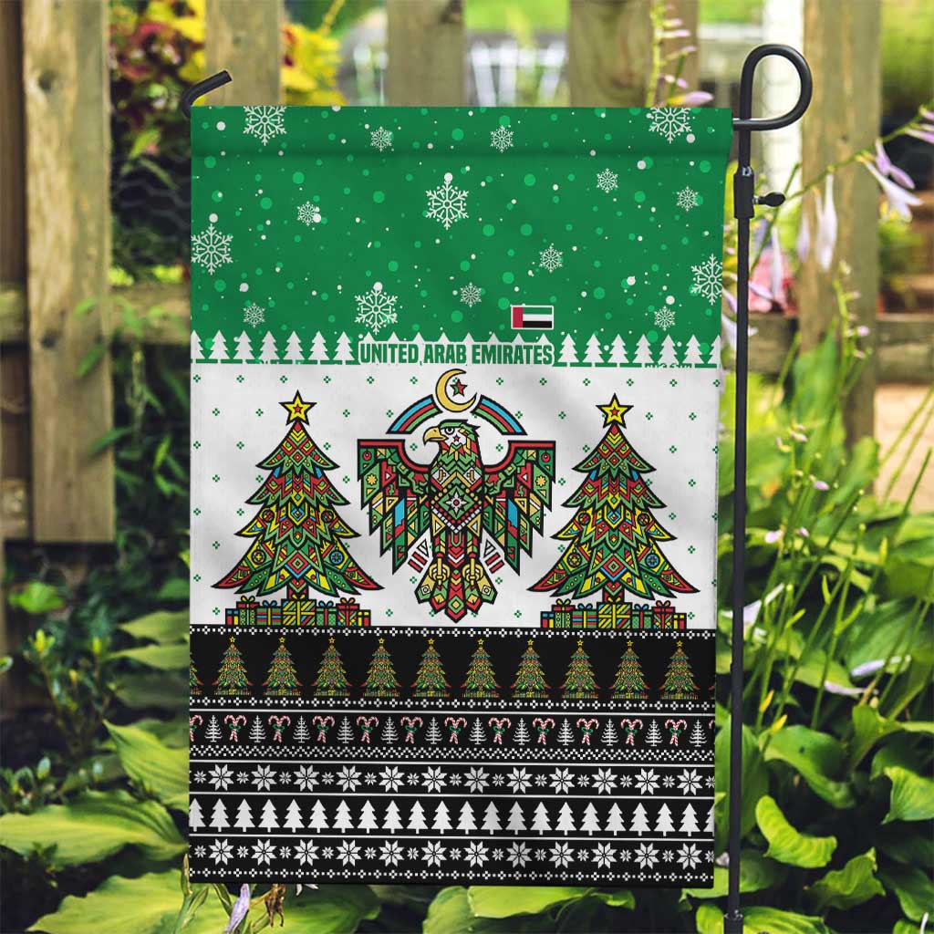 United Arab Emirates Christmas Garden Flag with Falcon Tree Design Snowflake Pattern and National Emblem - Wonder Print Shop