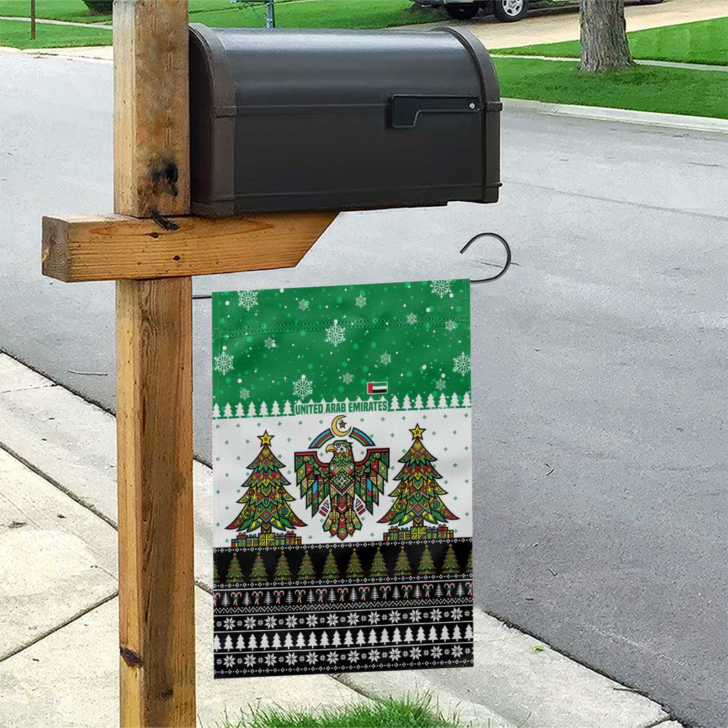 United Arab Emirates Christmas Garden Flag with Falcon Tree Design Snowflake Pattern and National Emblem - Wonder Print Shop