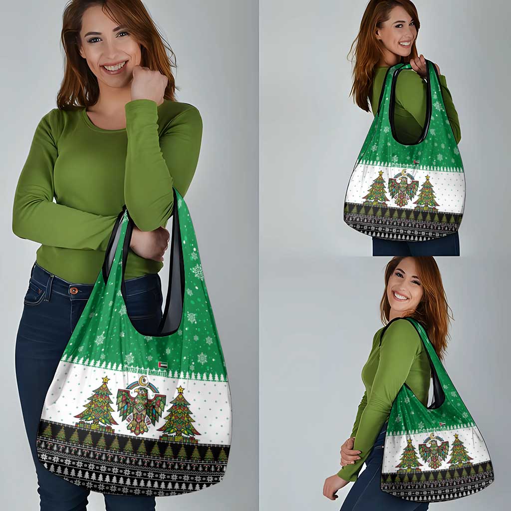 United Arab Emirates Christmas Grocery Bag with Falcon Tree Design Snowflake Pattern and National Emblem - Wonder Print Shop