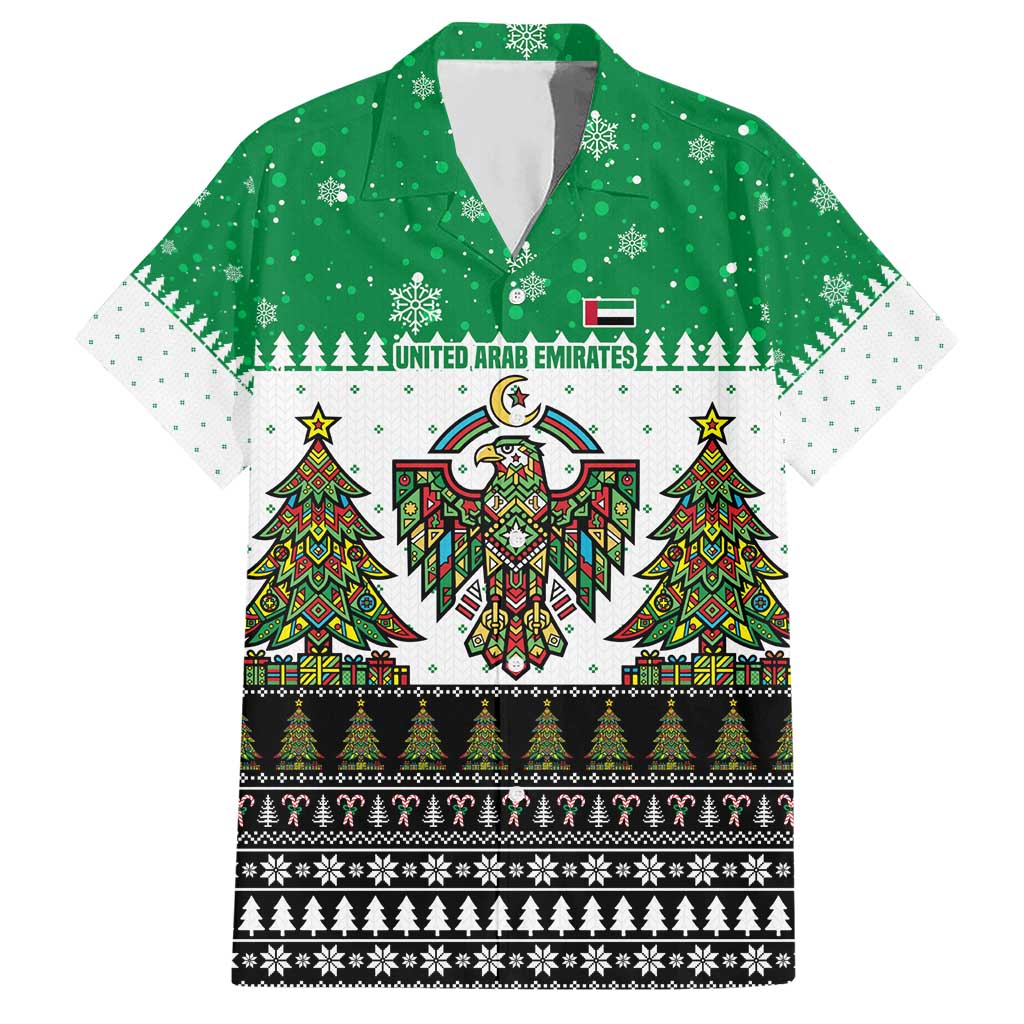 United Arab Emirates Christmas Hawaiian Shirt with Falcon Tree Design Snowflake Pattern and National Emblem - Wonder Print Shop