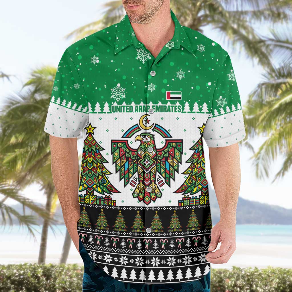 United Arab Emirates Christmas Hawaiian Shirt with Falcon Tree Design Snowflake Pattern and National Emblem - Wonder Print Shop