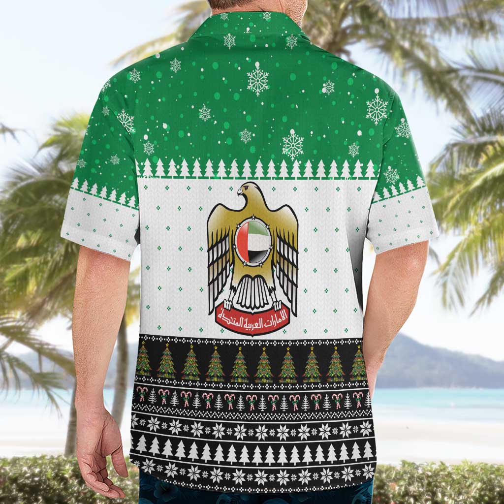 United Arab Emirates Christmas Hawaiian Shirt with Falcon Tree Design Snowflake Pattern and National Emblem - Wonder Print Shop