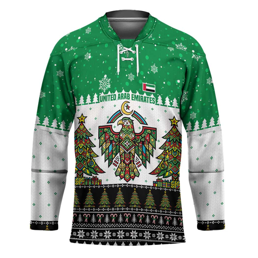 United Arab Emirates Christmas Hockey Jersey with Falcon Tree Design Snowflake Pattern and National Emblem - Wonder Print Shop