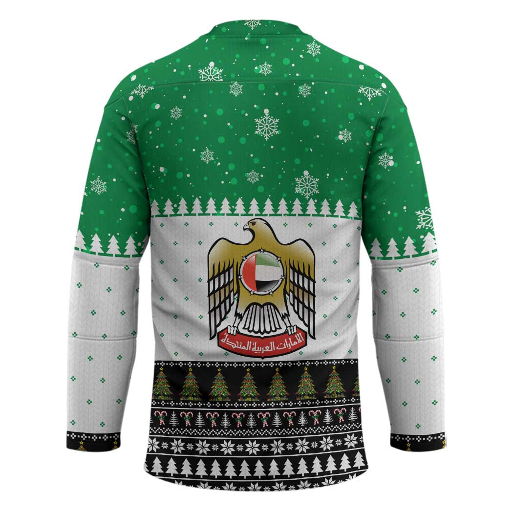United Arab Emirates Christmas Hockey Jersey with Falcon Tree Design Snowflake Pattern and National Emblem - Wonder Print Shop