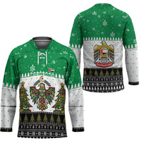 United Arab Emirates Christmas Hockey Jersey with Falcon Tree Design Snowflake Pattern and National Emblem - Wonder Print Shop