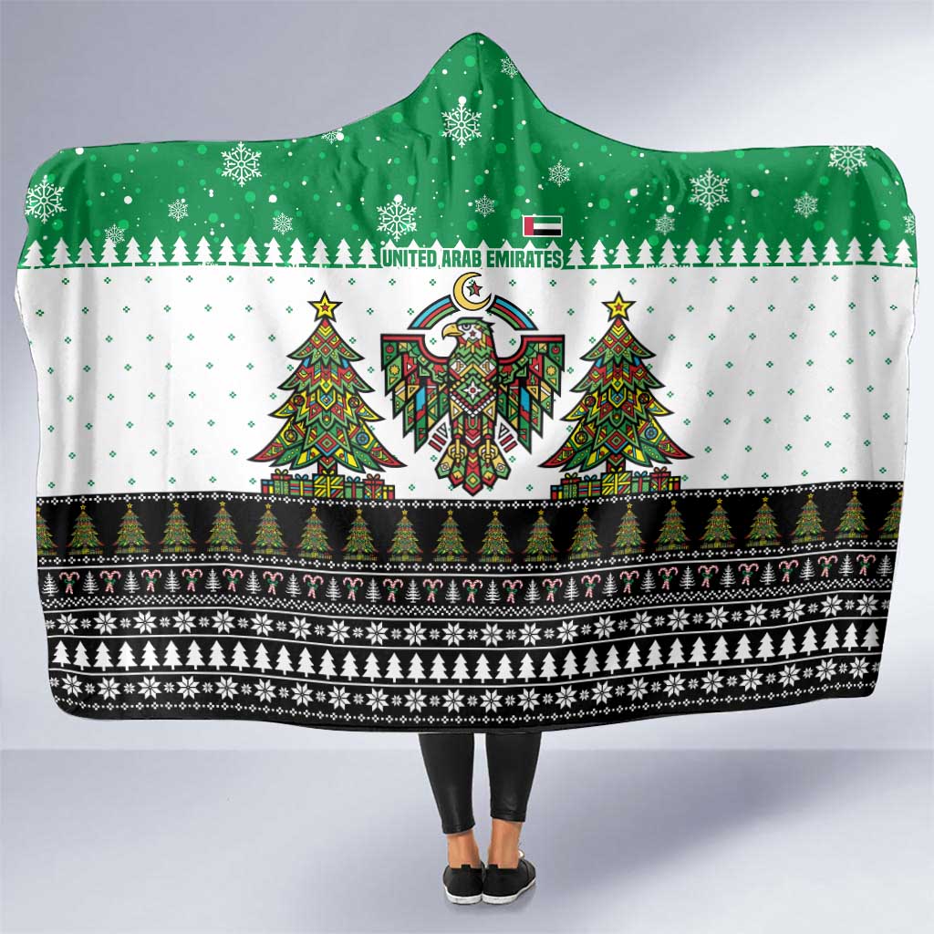 United Arab Emirates Christmas Hooded Blanket with Falcon Tree Design Snowflake Pattern and National Emblem - Wonder Print Shop