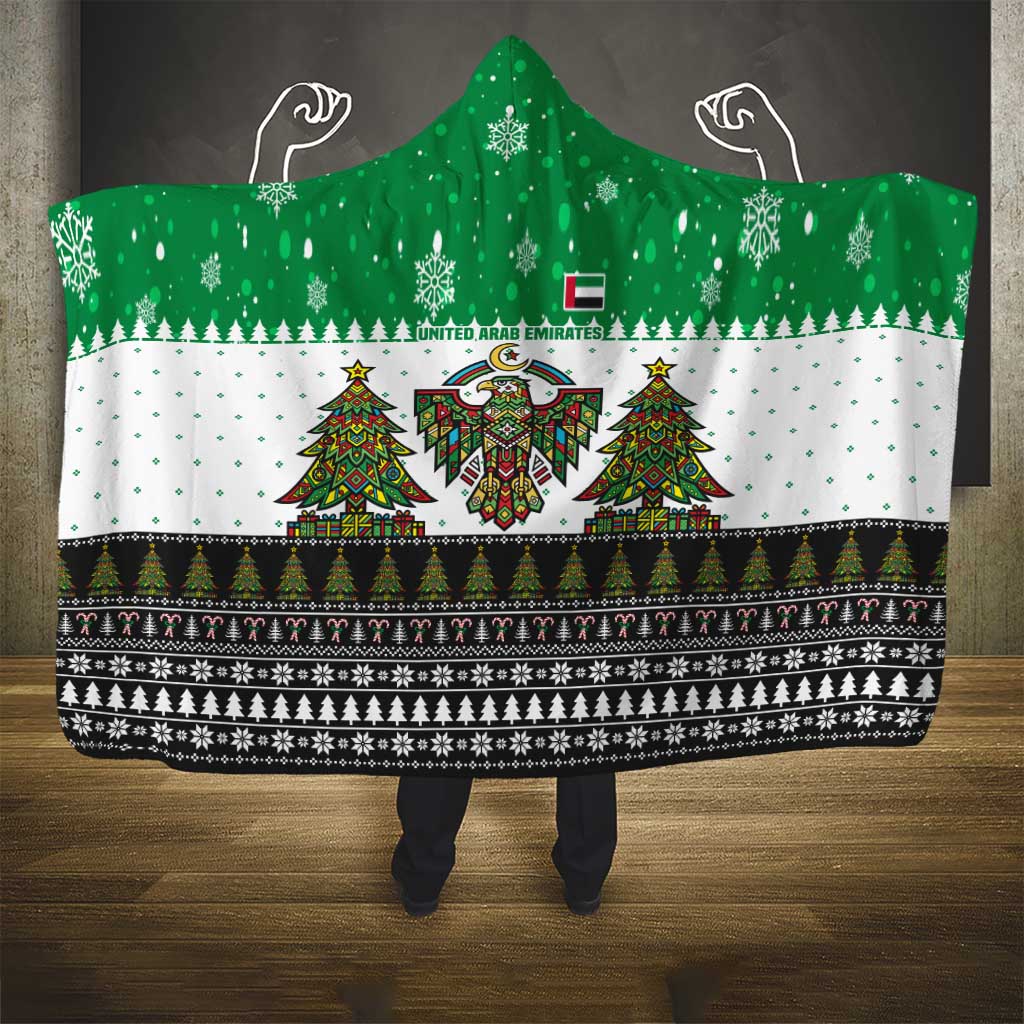 United Arab Emirates Christmas Hooded Blanket with Falcon Tree Design Snowflake Pattern and National Emblem - Wonder Print Shop