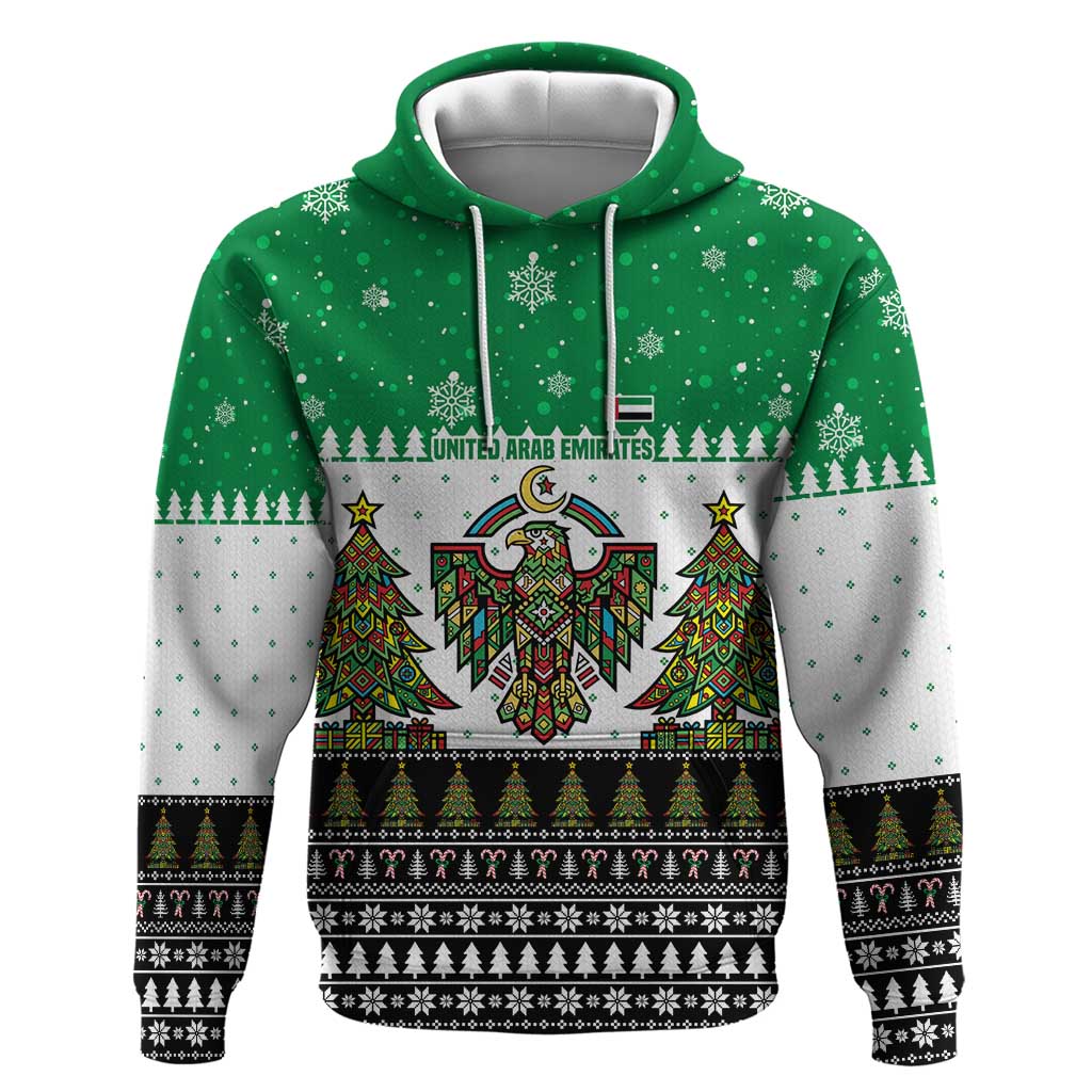 United Arab Emirates Christmas Hoodie with Falcon Tree Design Snowflake Pattern and National Emblem - Wonder Print Shop