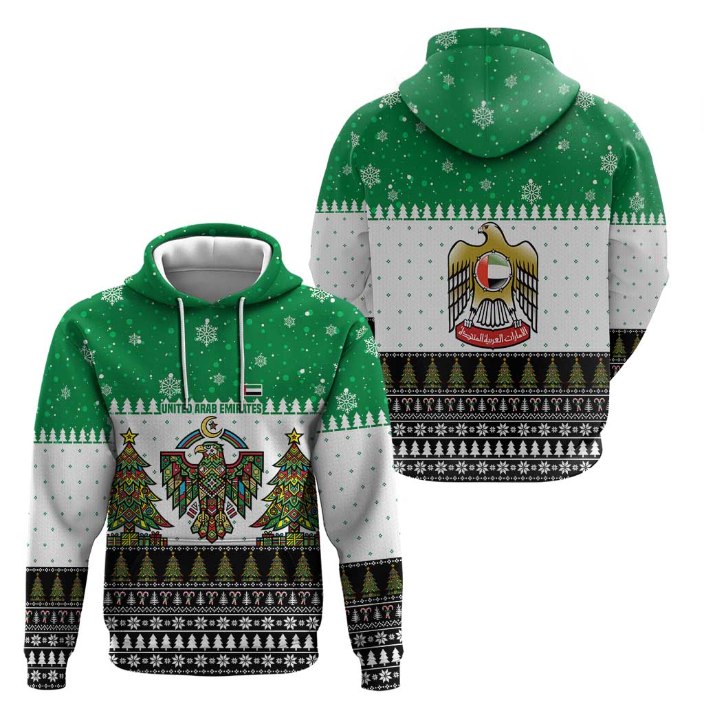 United Arab Emirates Christmas Hoodie with Falcon Tree Design Snowflake Pattern and National Emblem - Wonder Print Shop