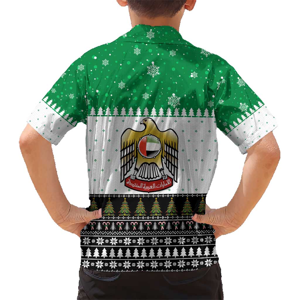 United Arab Emirates Christmas Kid Hawaiian Shirt with Falcon Tree Design Snowflake Pattern and National Emblem - Wonder Print Shop