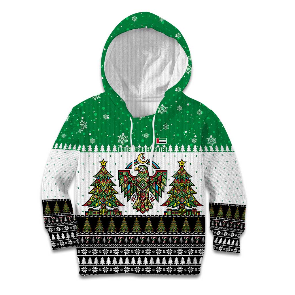 United Arab Emirates Christmas Kid Hoodie with Falcon Tree Design Snowflake Pattern and National Emblem - Wonder Print Shop