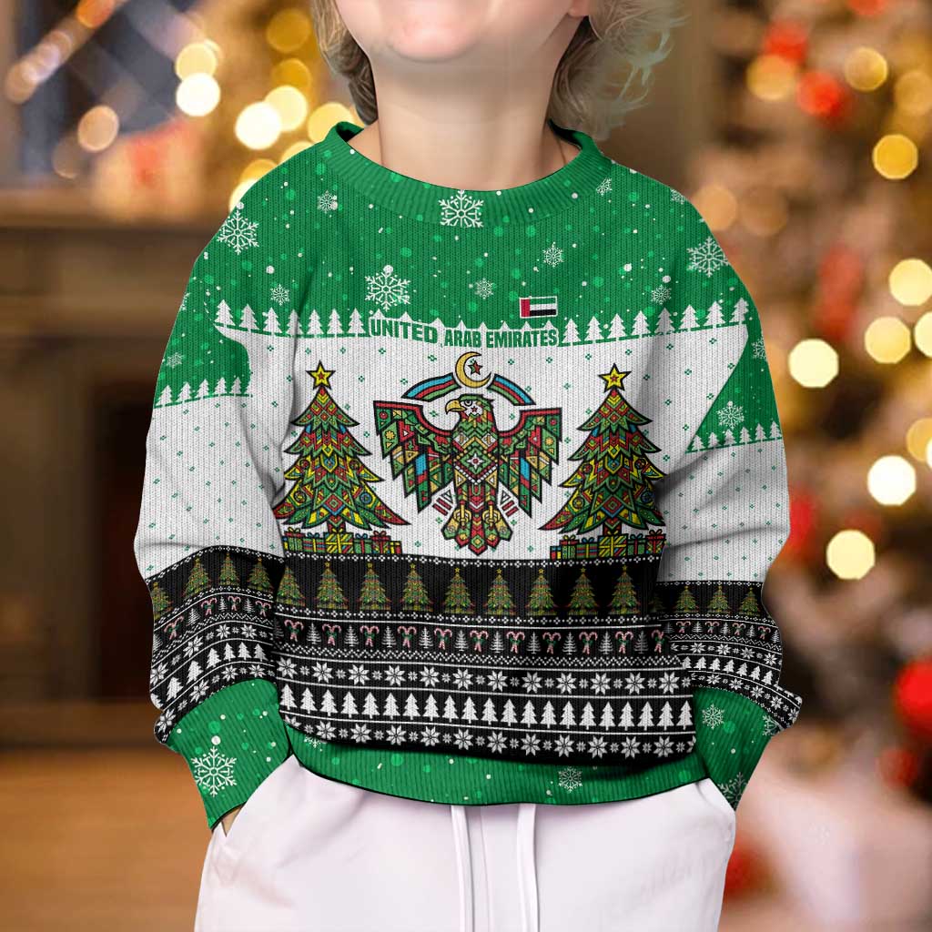 United Arab Emirates Christmas Kid Ugly Christmas Sweater with Falcon Tree Design Snowflake Pattern and National Emblem - Wonder Print Shop