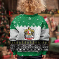 United Arab Emirates Christmas Kid Ugly Christmas Sweater with Falcon Tree Design Snowflake Pattern and National Emblem - Wonder Print Shop
