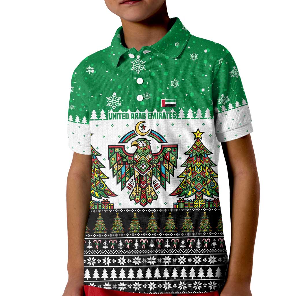 United Arab Emirates Christmas Kid Polo Shirt with Falcon Tree Design Snowflake Pattern and National Emblem - Wonder Print Shop