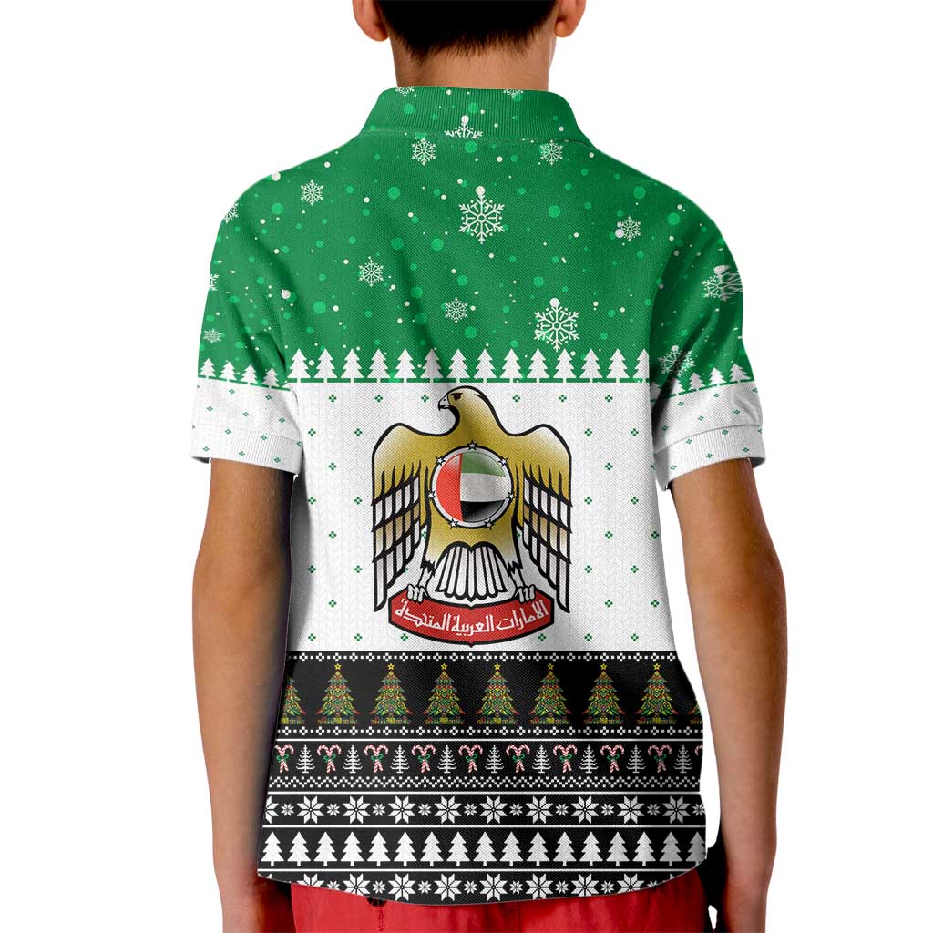 United Arab Emirates Christmas Kid Polo Shirt with Falcon Tree Design Snowflake Pattern and National Emblem - Wonder Print Shop