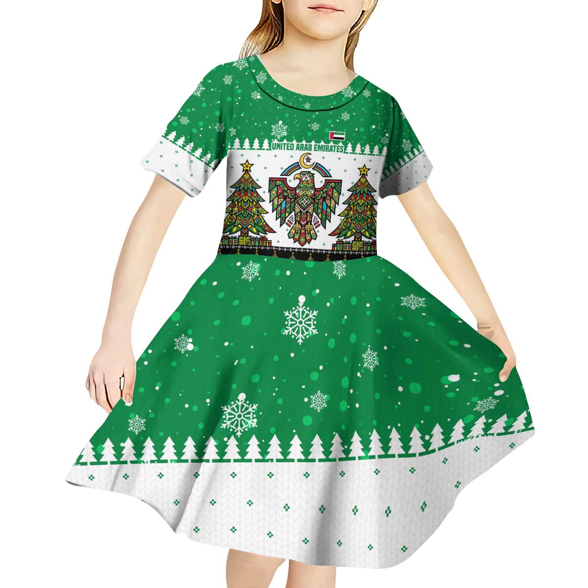 United Arab Emirates Christmas Kid Short Sleeve Dress with Falcon Tree Design Snowflake Pattern and National Emblem - Wonder Print Shop
