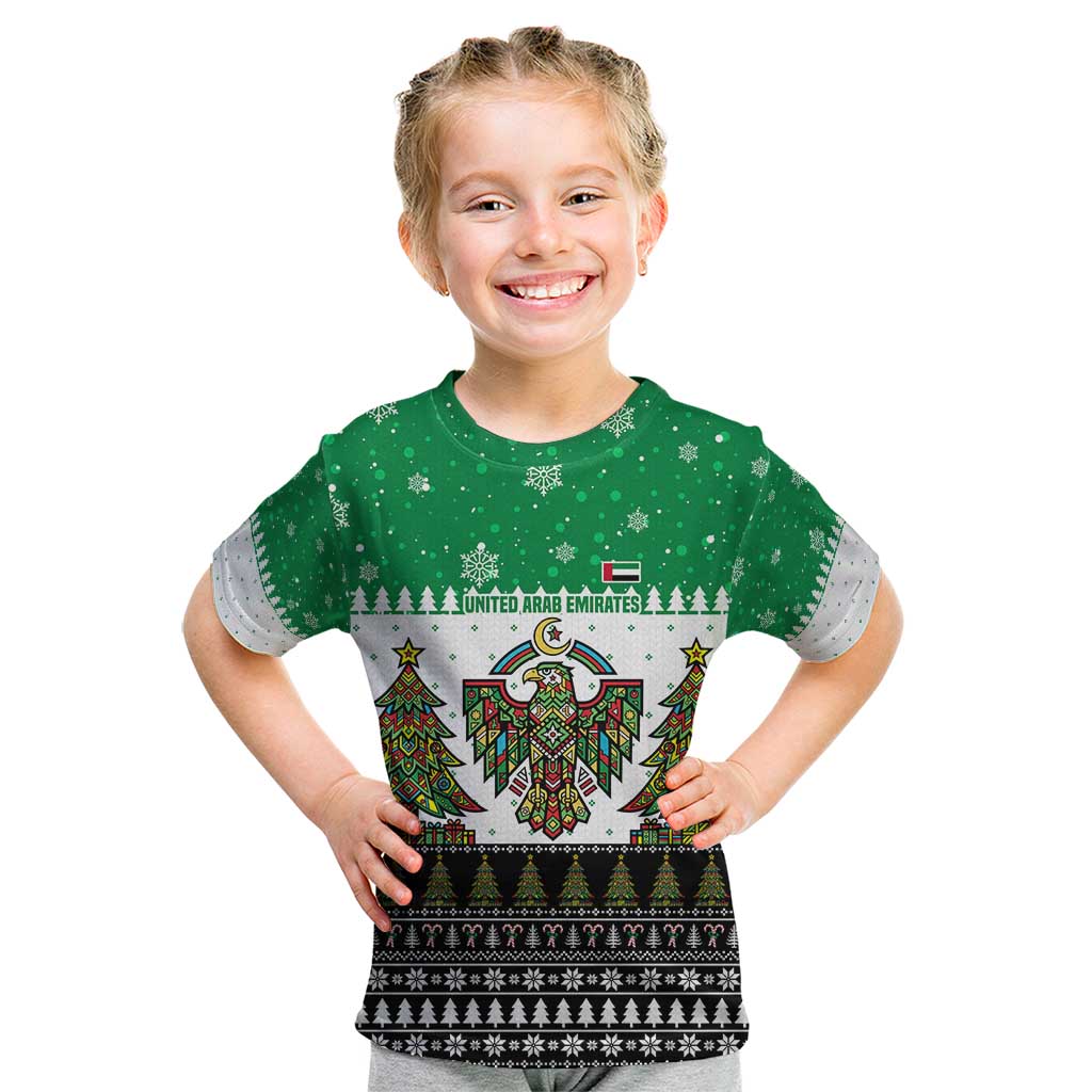 United Arab Emirates Christmas Kid T Shirt with Falcon Tree Design Snowflake Pattern and National Emblem - Wonder Print Shop