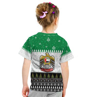 United Arab Emirates Christmas Kid T Shirt with Falcon Tree Design Snowflake Pattern and National Emblem - Wonder Print Shop