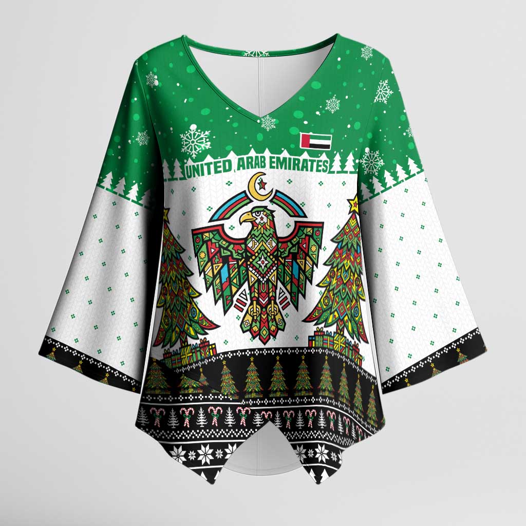 United Arab Emirates Christmas Kimono Sleeve Blouse with Falcon Tree Design Snowflake Pattern and National Emblem - Wonder Print Shop