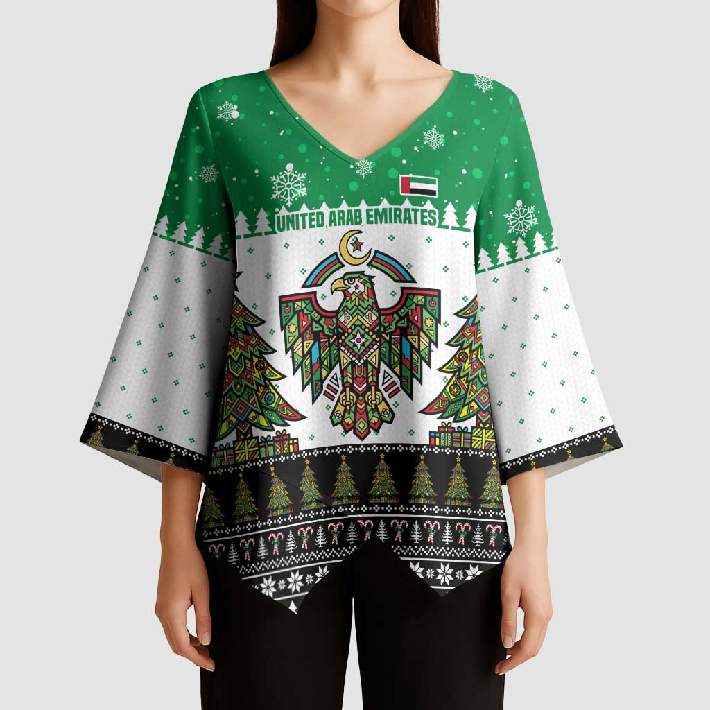 United Arab Emirates Christmas Kimono Sleeve Blouse with Falcon Tree Design Snowflake Pattern and National Emblem - Wonder Print Shop