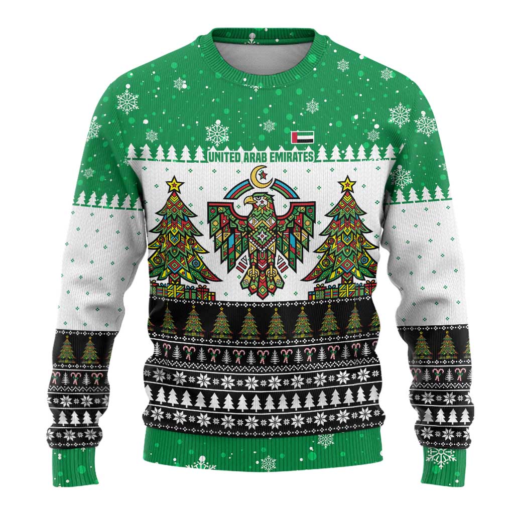 United Arab Emirates Christmas Ugly Christmas Sweater with Falcon Tree Design Snowflake Pattern and National Emblem - Wonder Print Shop