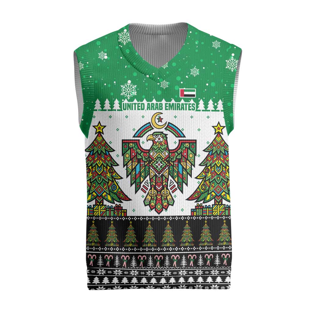 United Arab Emirates Christmas Knitted V-Neck Vest with Falcon Tree Design Snowflake Pattern and National Emblem - Wonder Print Shop
