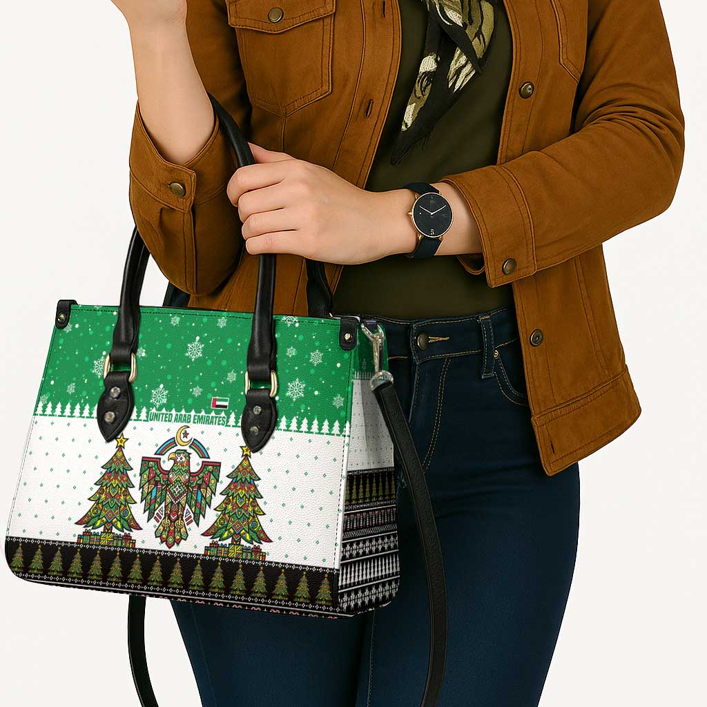 United Arab Emirates Christmas Leather Bag with Falcon Tree Design Snowflake Pattern and National Emblem - Wonder Print Shop