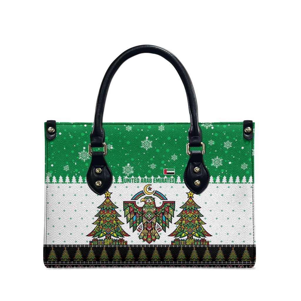 United Arab Emirates Christmas Leather Bag with Falcon Tree Design Snowflake Pattern and National Emblem - Wonder Print Shop