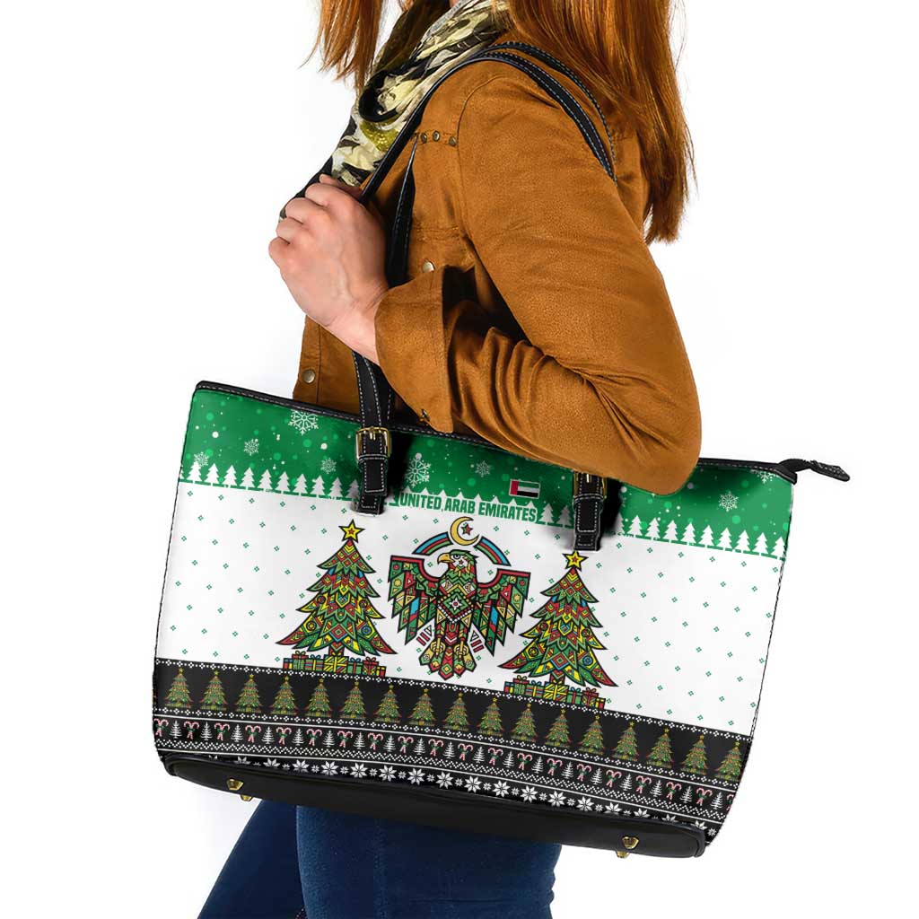 United Arab Emirates Christmas Leather Tote Bag with Falcon Tree Design Snowflake Pattern and National Emblem - Wonder Print Shop