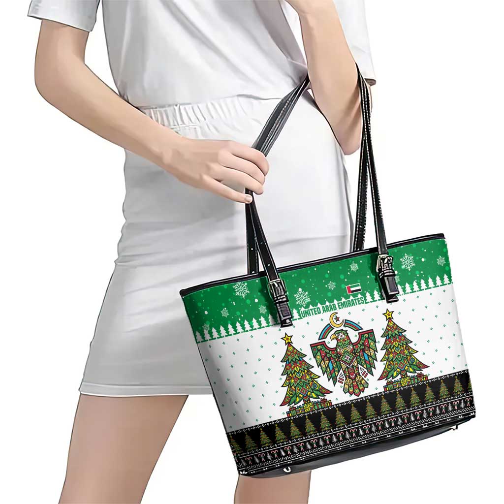 United Arab Emirates Christmas Leather Tote Bag with Falcon Tree Design Snowflake Pattern and National Emblem - Wonder Print Shop