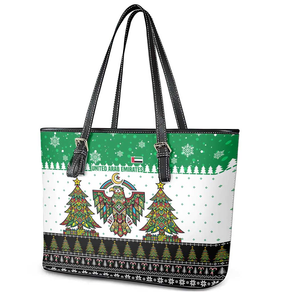 United Arab Emirates Christmas Leather Tote Bag with Falcon Tree Design Snowflake Pattern and National Emblem - Wonder Print Shop