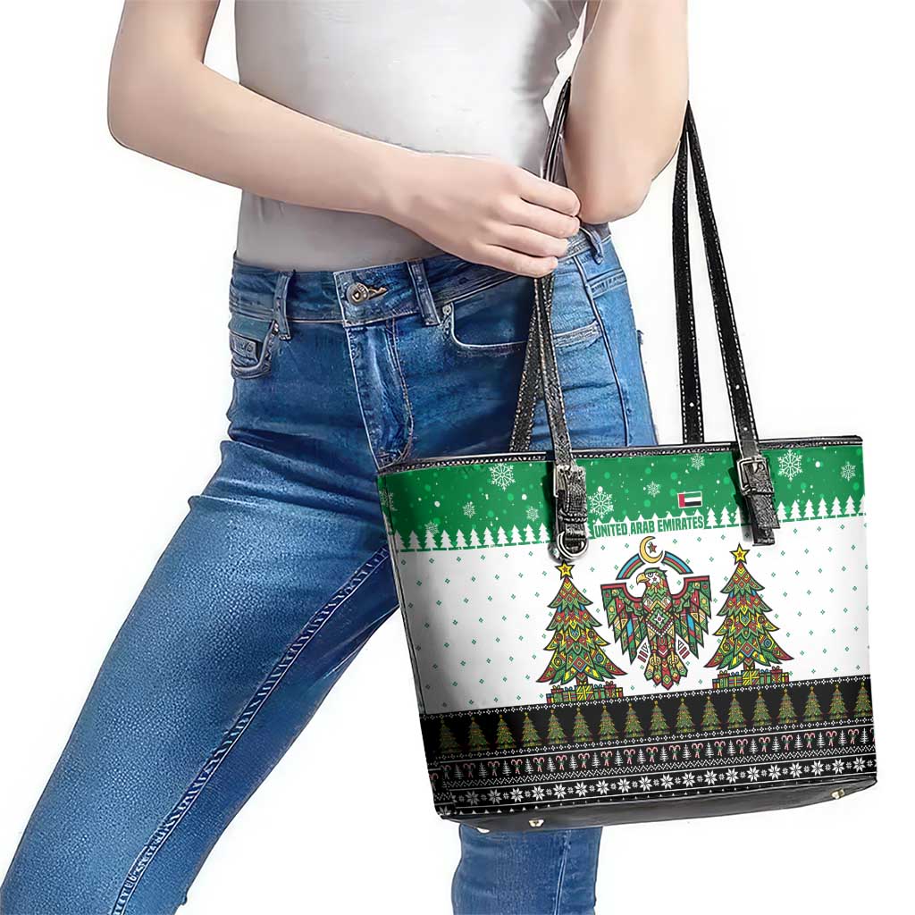United Arab Emirates Christmas Leather Tote Bag with Falcon Tree Design Snowflake Pattern and National Emblem - Wonder Print Shop